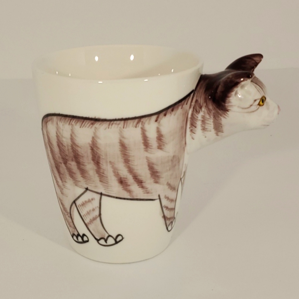 Tabby Cat Hand Painted Coffee Mug Animal 3D Kid Ceramic Hot Chocolate Cold Drink